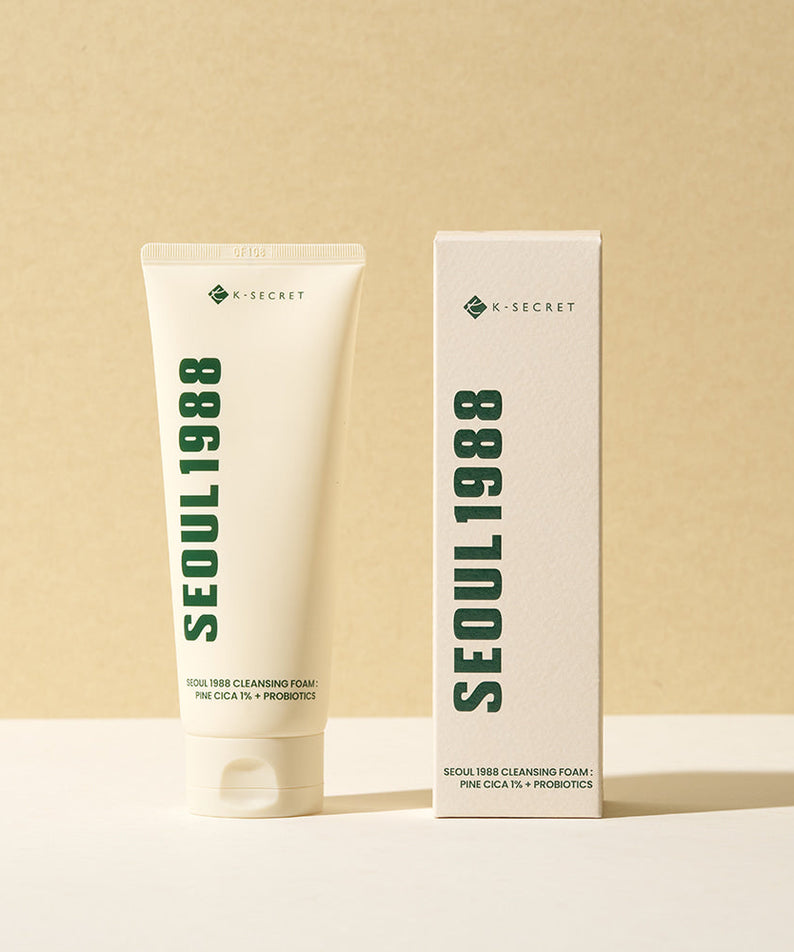 SEOUL 1988 Pine Cica Cleansing Foam with packaging displayed on a beige background.