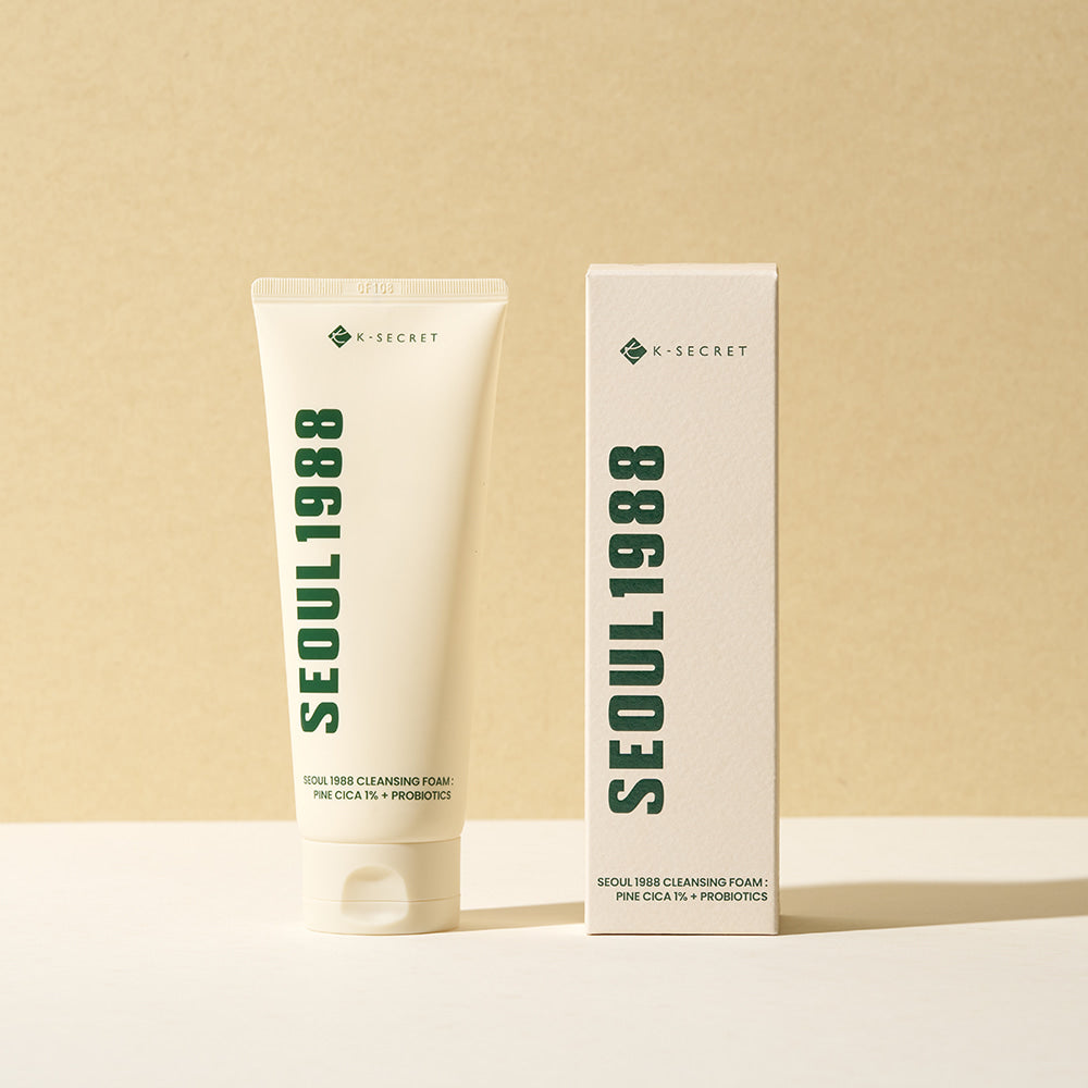 SEOUL 1988 Pine Cica Cleansing Foam with packaging displayed on a beige background.