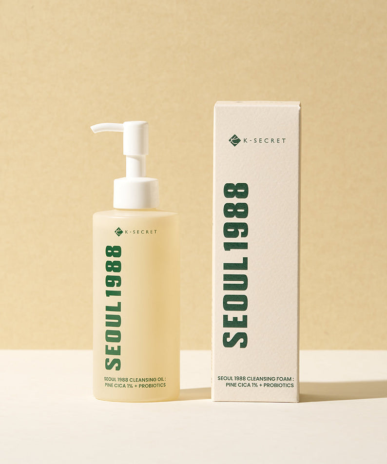 SEOUL 1988 Pine Cica Cleansing Oil bottle and packaging on beige background