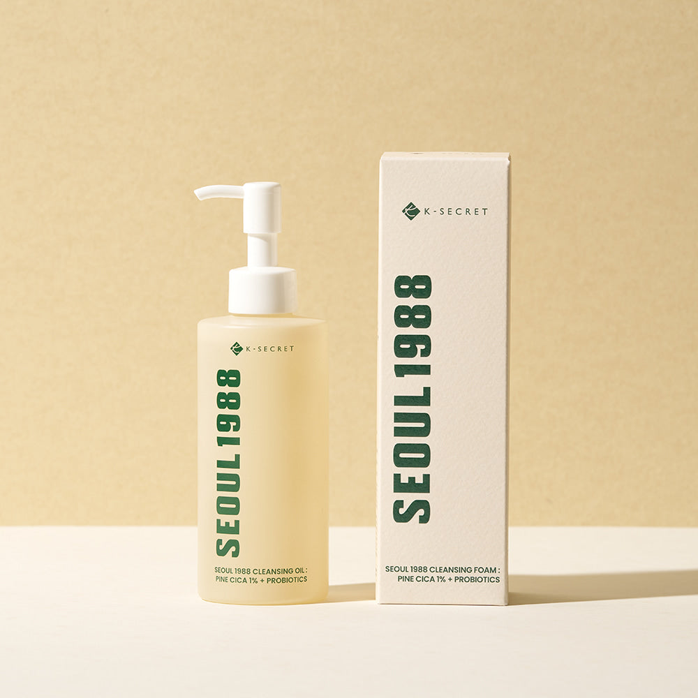 SEOUL 1988 Pine Cica Cleansing Oil bottle and packaging on beige background