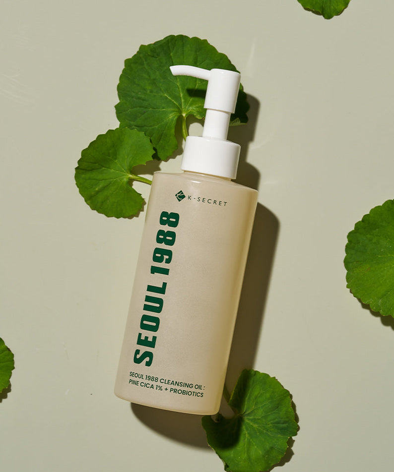 SEOUL 1988 Pine Cica Cleansing Oil bottle with green leaves background for skincare