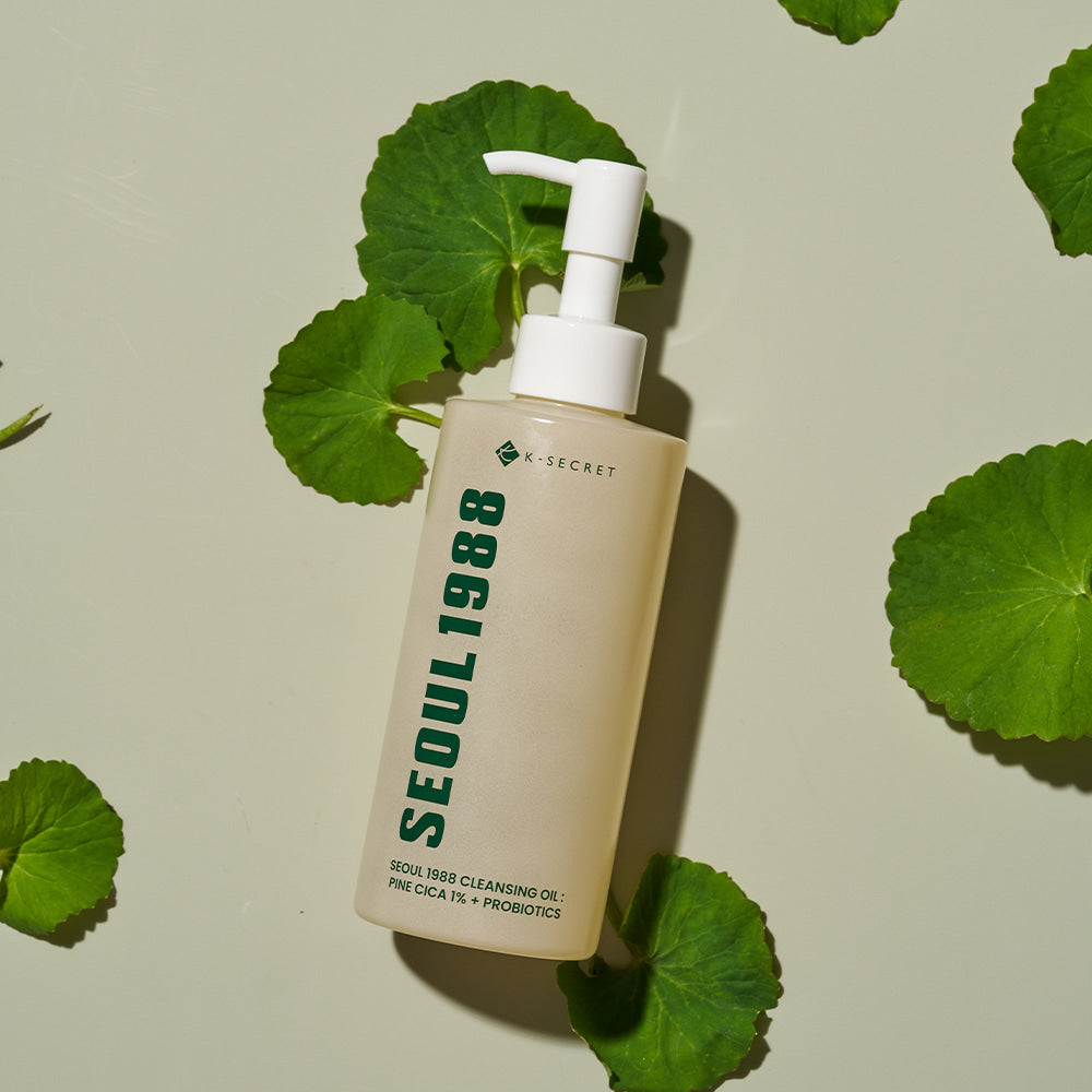SEOUL 1988 Pine Cica Cleansing Oil bottle with green leaves background for skincare