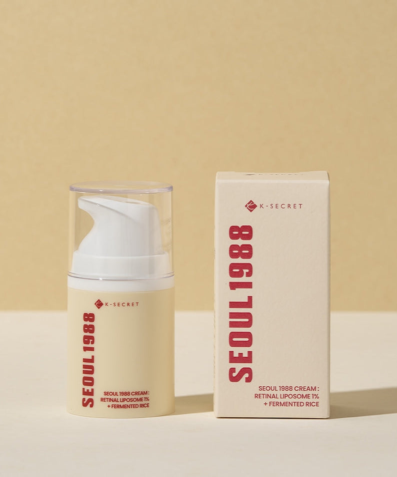 SEOUL 1988 Retinal Fermented Rice Cream bottle and packaging on beige background