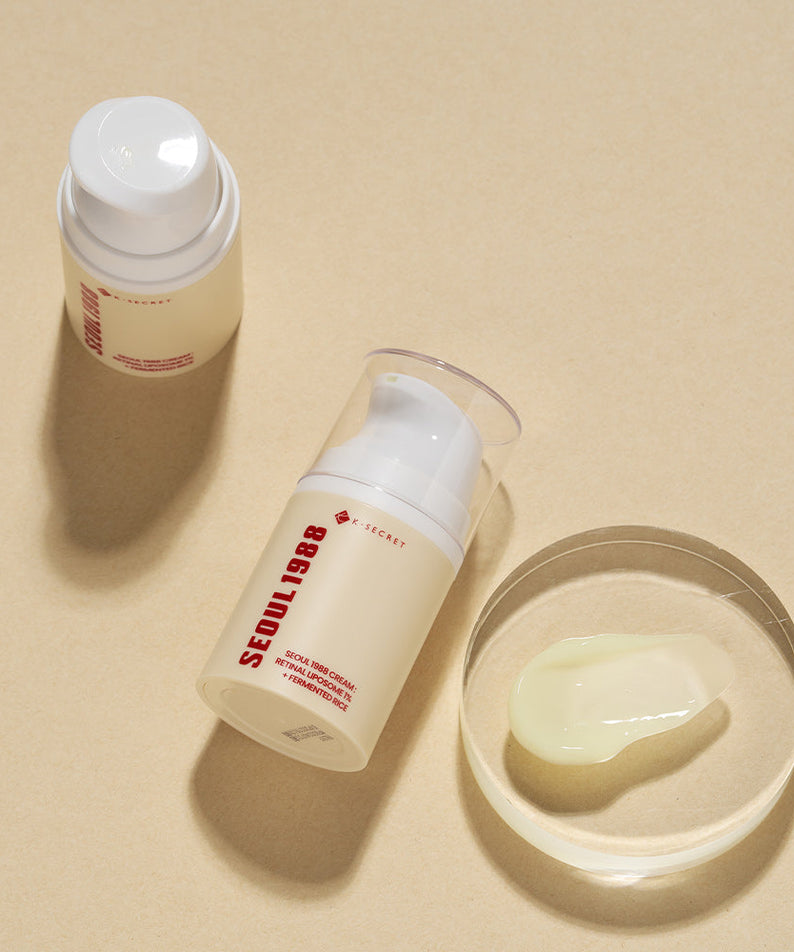 SEOUL 1988 Retinal Fermented Rice Cream in bottles with cream in a dish on a tan surface