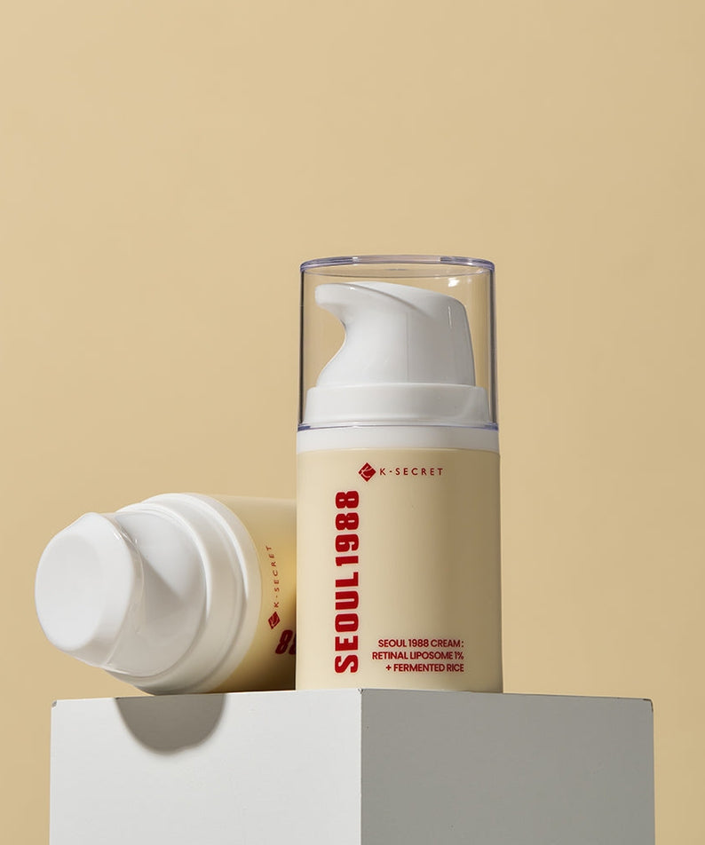 SEOUL 1988 Retinal Fermented Rice Cream in pump bottle on display, premium skincare product for radiant skin.