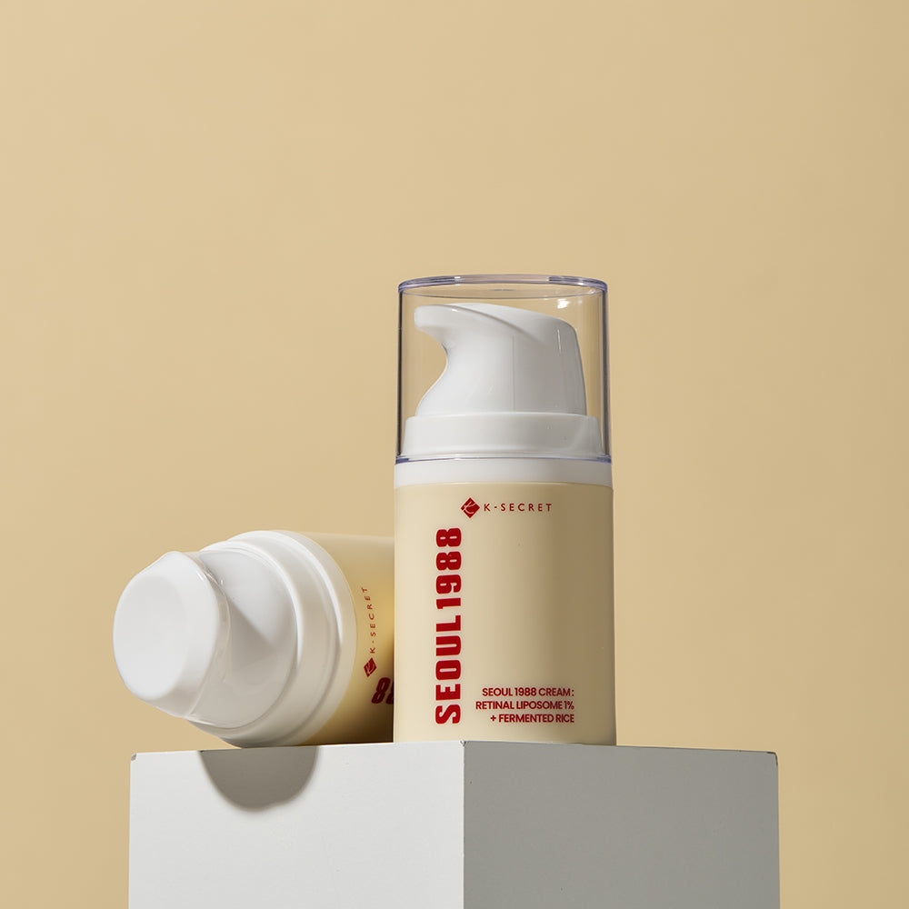 SEOUL 1988 Retinal Fermented Rice Cream in pump bottle on display, premium skincare product for radiant skin.