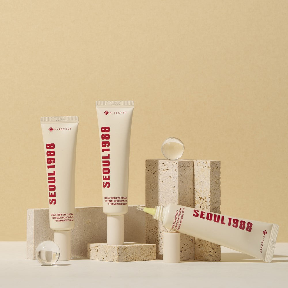 SEOUL 1988 Retinal Fermented Soybean Eye Cream tubes displayed on blocks for skincare product promotion.