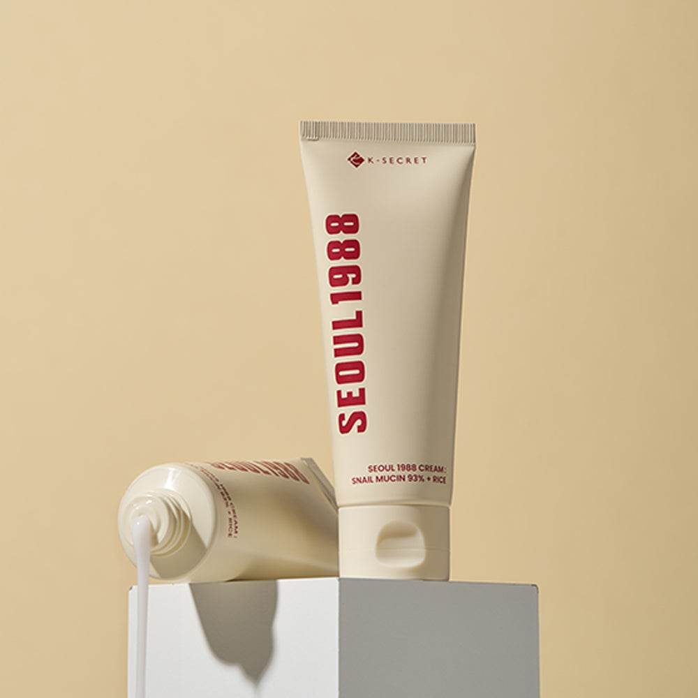 SEOUL 1988 Snail 93 Cream tube on display with minimalist background.