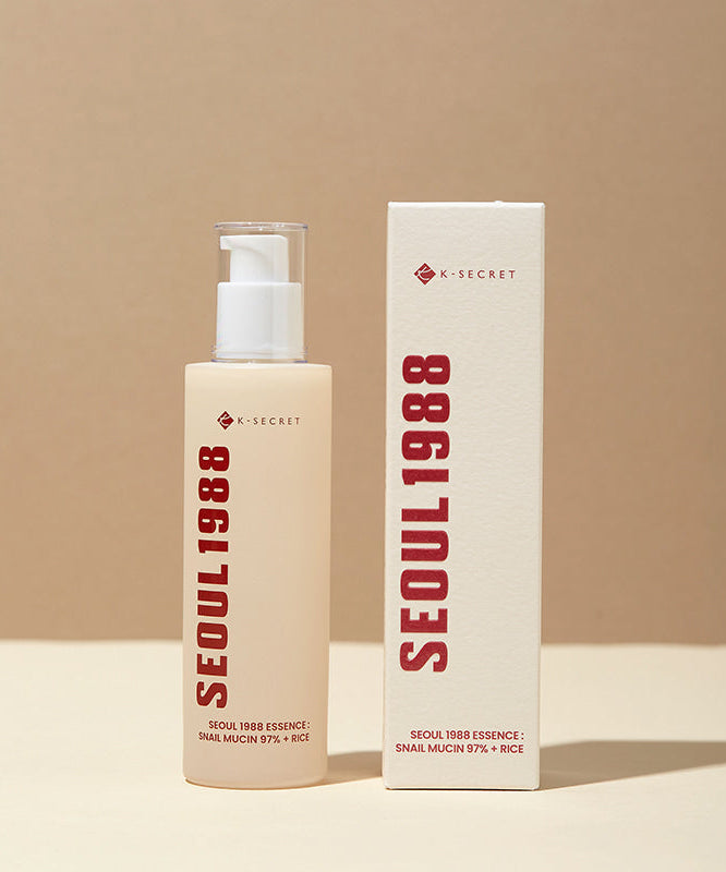SEOUL 1988 Snail 97 Essence bottle and packaging on a beige background for skincare enthusiasts.