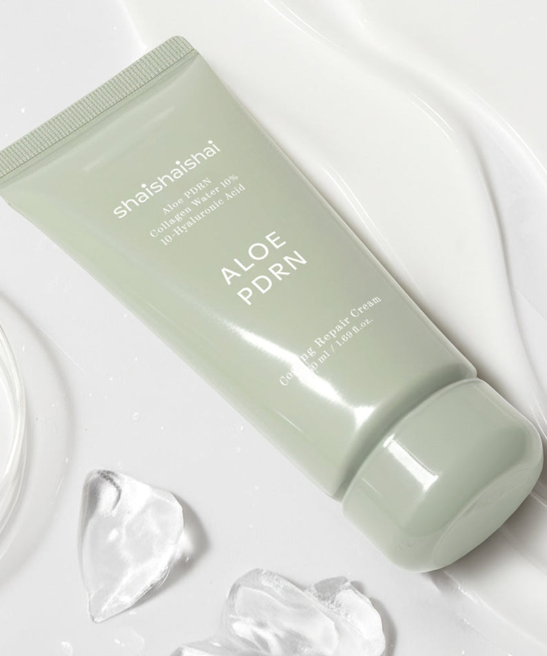SHAISHAISHAI [1+] Aloe PDRN Cooling Repair Cream 50ml with soothing aloe formula on a smooth white surface.