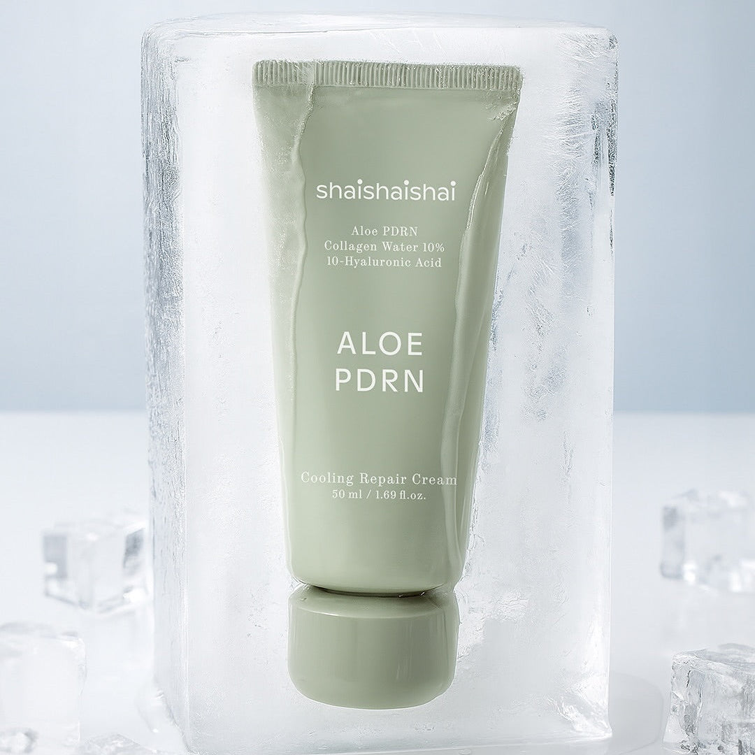 SHAISHAISHAI [1+] Aloe PDRN Cooling Repair Cream 50ml in ice block, showcasing cooling effect.