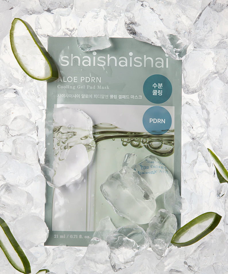 SHAISHAISHAI [10+10]Aloe PDRN Cooling Gel Pads Mask 10 Sheets with aloe slices and ice for soothing skincare effect.