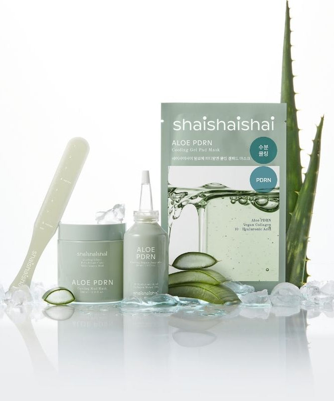 SHAISHAISHAI [10+10]Aloe PDRN Cooling Gel Pads Mask 10 Sheets with aloe vera and skincare products on display