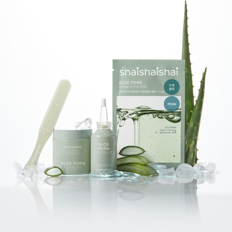 SHAISHAISHAI [10+10]Aloe PDRN Cooling Gel Pads Mask 10 Sheets with aloe vera and skincare products on display