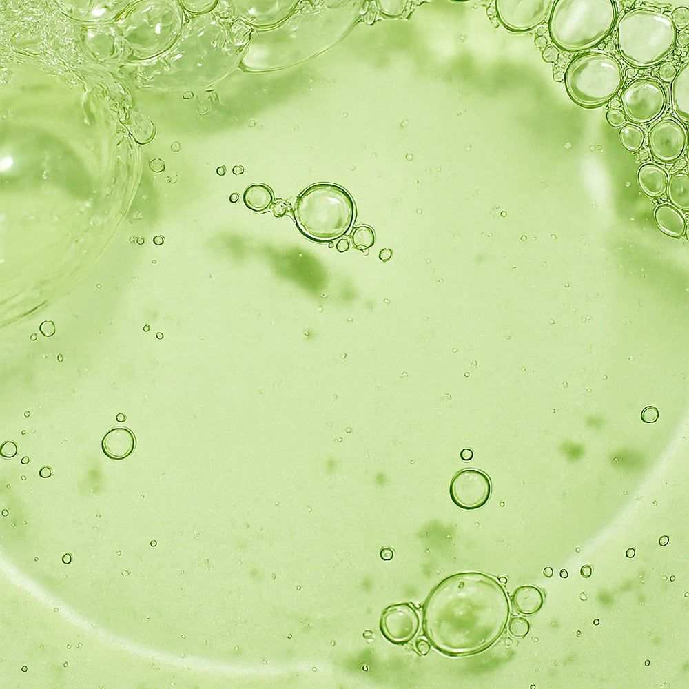 SHAISHAISHAI [1+1] Aloe PDRN Cooling Repair Ampoule 50ml texture with soothing bubbles and green hue.