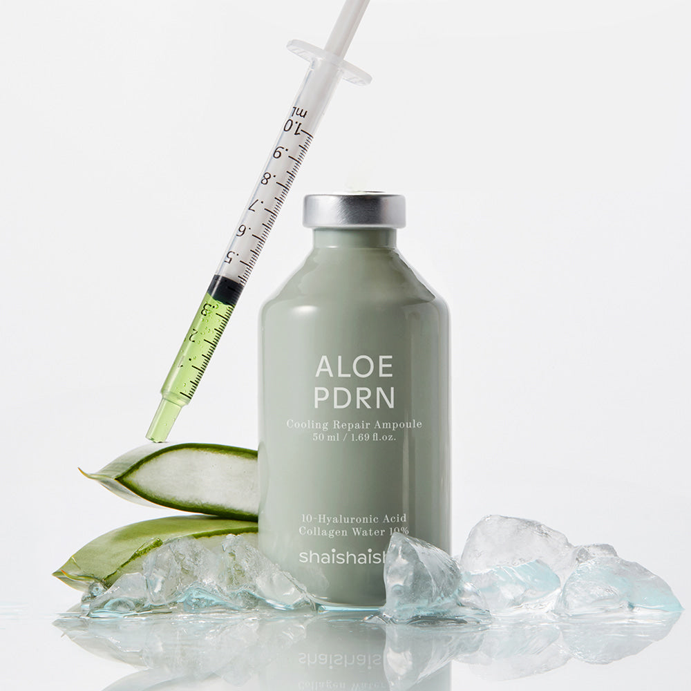 SHAISHAISHAI [1+1] Aloe PDRN Cooling Repair Ampoule 50ml with syringe and aloe leaves.