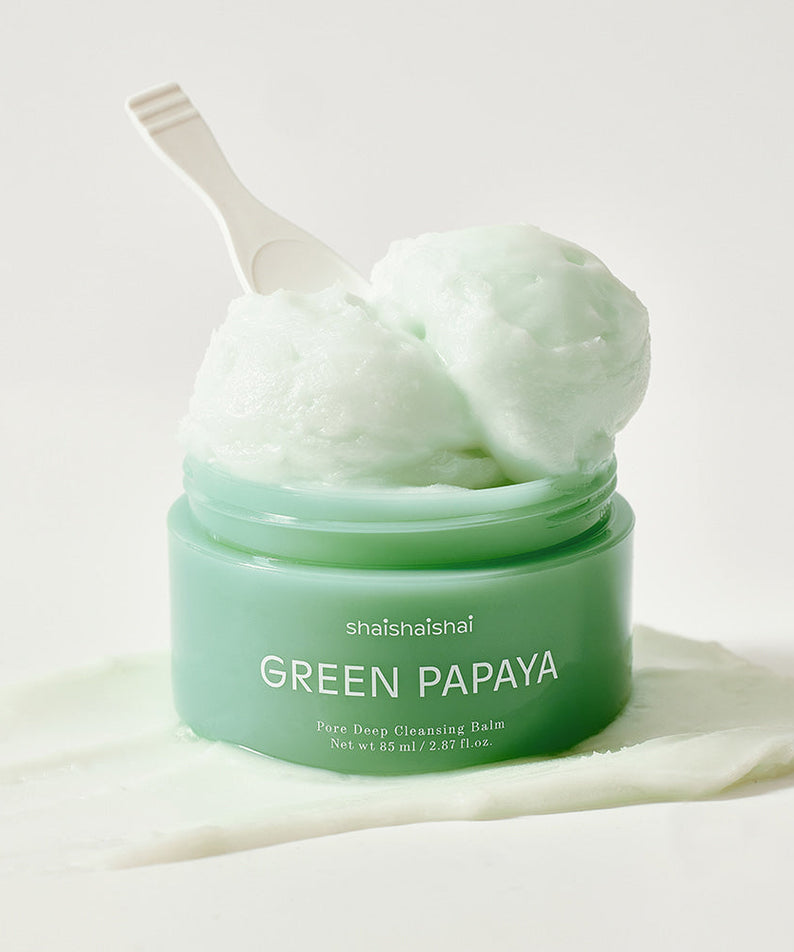 SHAISHAISHAI Green Papaya Pore Deep Cleansing Balm 85ml in a jar with applicator, showcasing texture.
