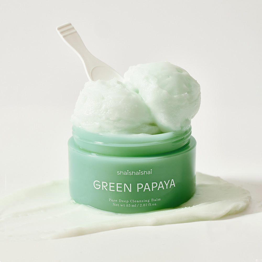 SHAISHAISHAI Green Papaya Pore Deep Cleansing Balm 85ml in a jar with applicator, showcasing texture.