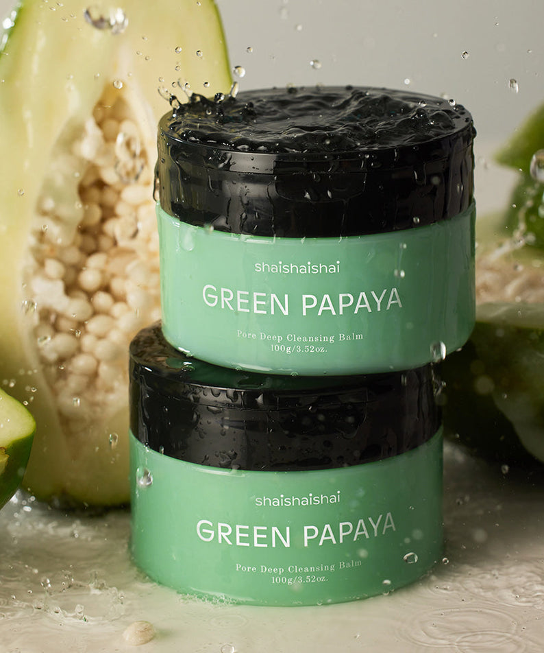 SHAISHAISHAI Green Papaya Pore Deep Cleansing Balm 85ml with fresh papaya background