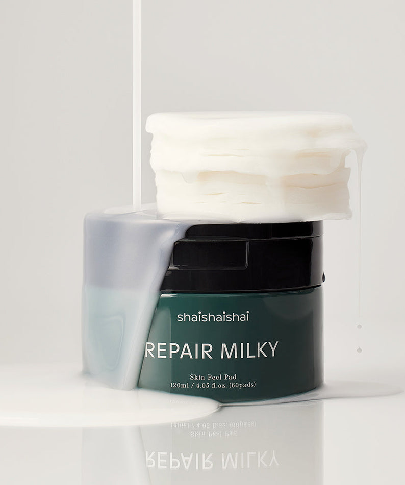 SHAISHAISHAI Repair Milky Skin Peel Pad 60 Pads 120ml in a decorative image with creamy texture.
