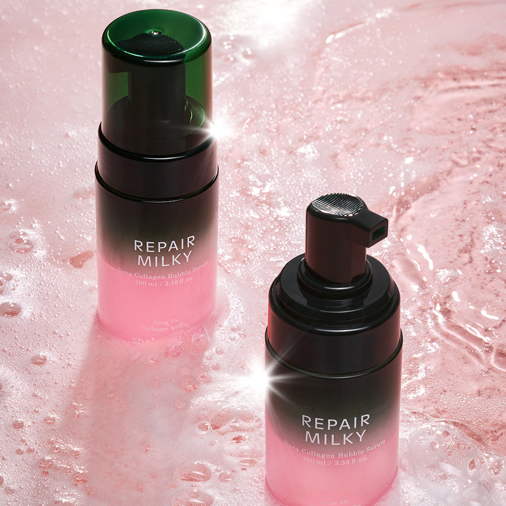 SHAISHAISHAI Repair Milky Urea Glow Bubble Serum 100ml bottles on a pink surface