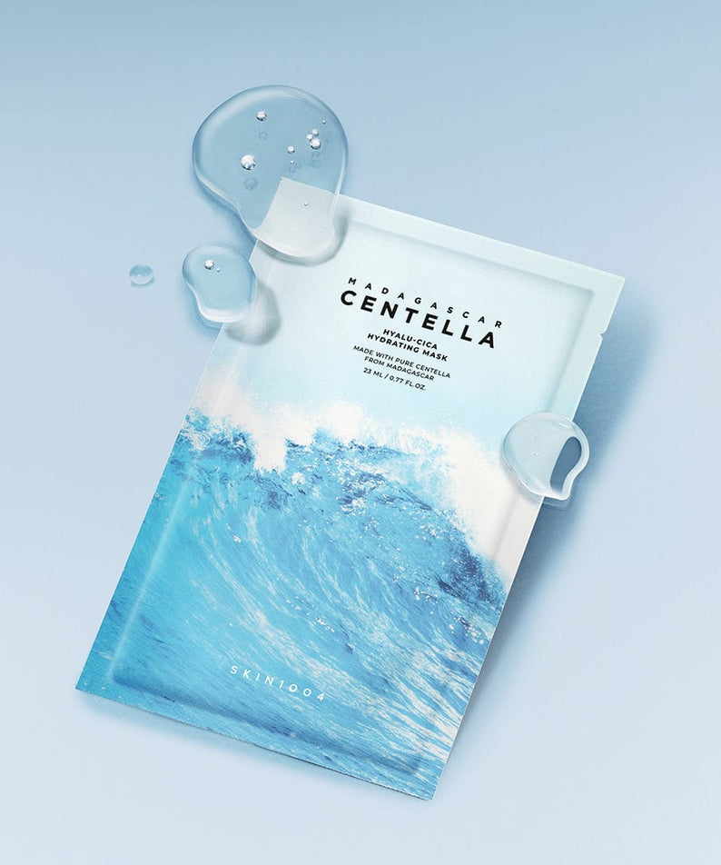 SKIN1004 Madagascar Centella Hyalu-Cica Acid Hydrating Mask 23ml [5 sheets] on a light blue background with water droplets
