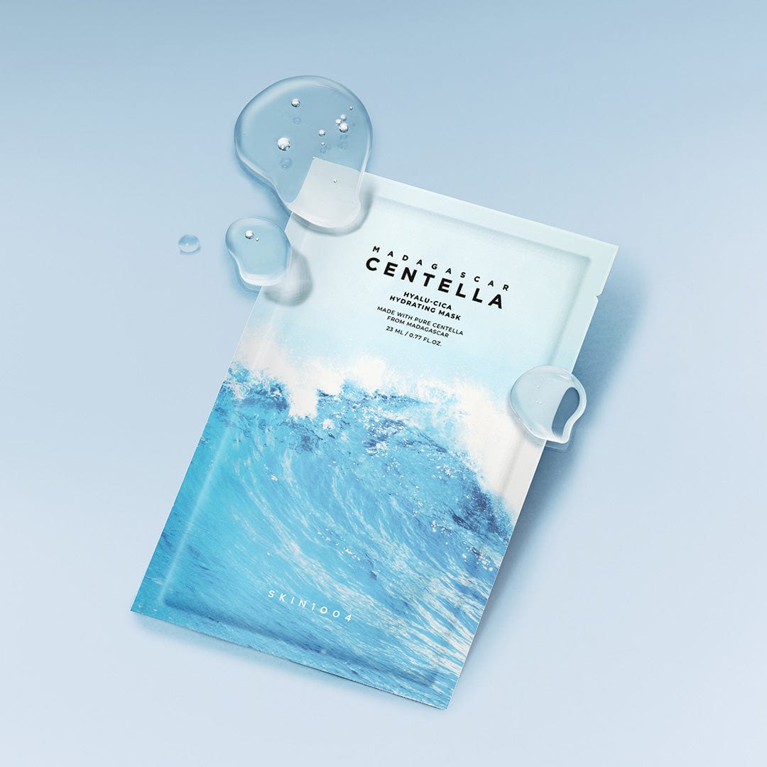 SKIN1004 Madagascar Centella Hyalu-Cica Acid Hydrating Mask 23ml [5 sheets] on a light blue background with water droplets