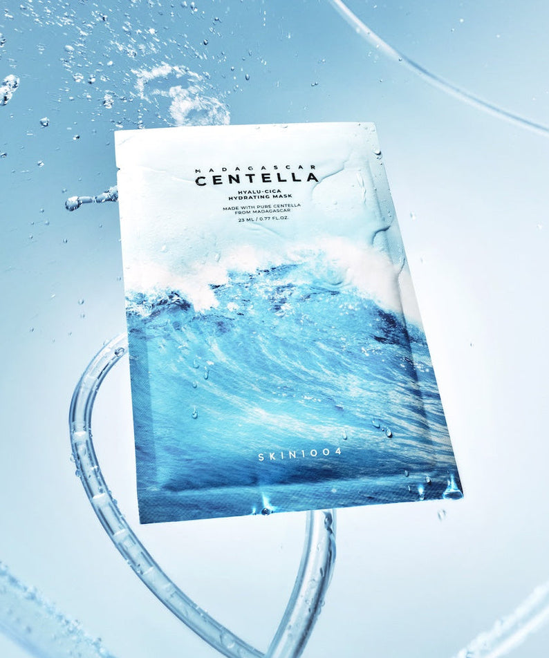 SKIN1004 Madagascar Centella Hyalu-Cica Acid Hydrating Mask 23ml [5 sheets] product image with a refreshing wave design.