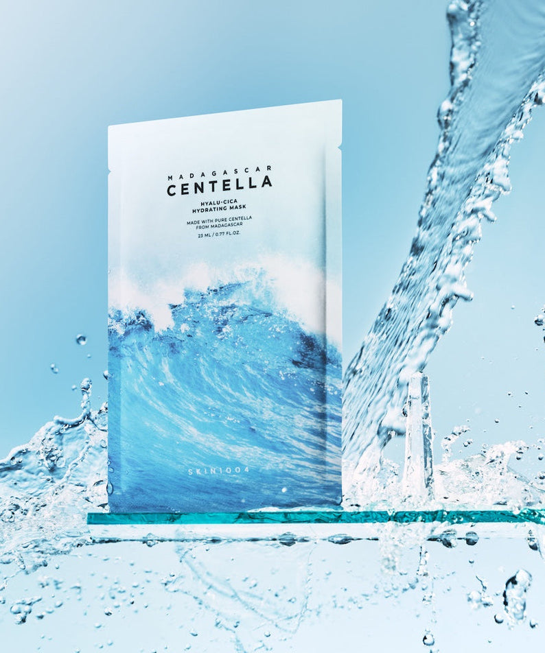 SKIN1004 Madagascar Centella Hyalu-Cica Acid Hydrating Mask 23ml [5 sheets] displayed with water splash background.