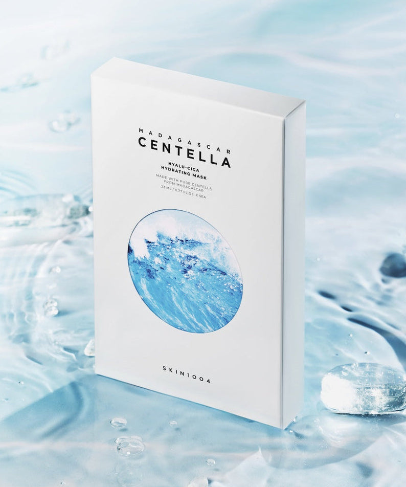 SKIN1004 Madagascar Centella Hyalu-Cica Acid Hydrating Mask 23ml [5 sheets] packaging on a watery background