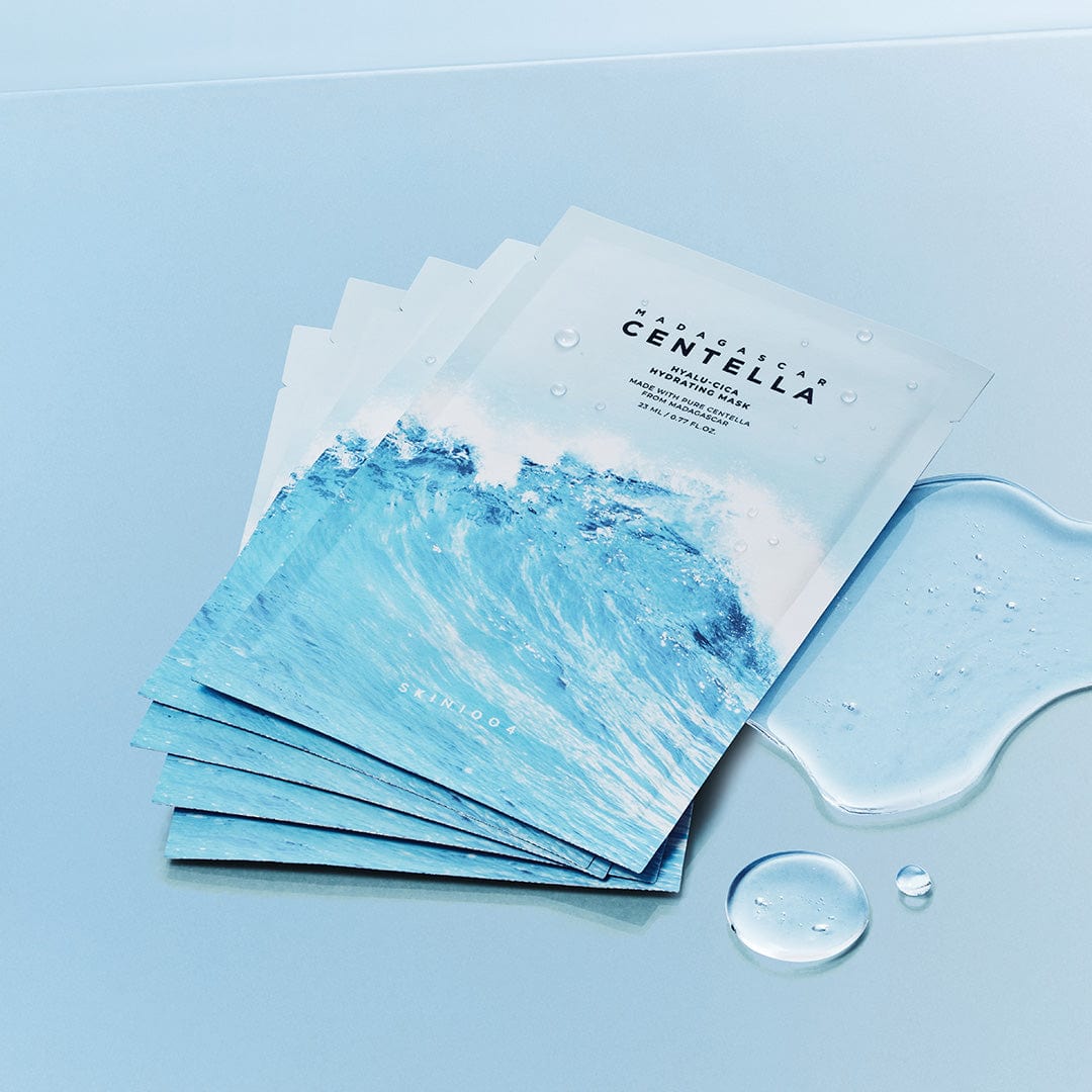 SKIN1004 Madagascar Centella Hyalu-Cica Acid Hydrating Mask 23ml [5 sheets] displayed with water droplets