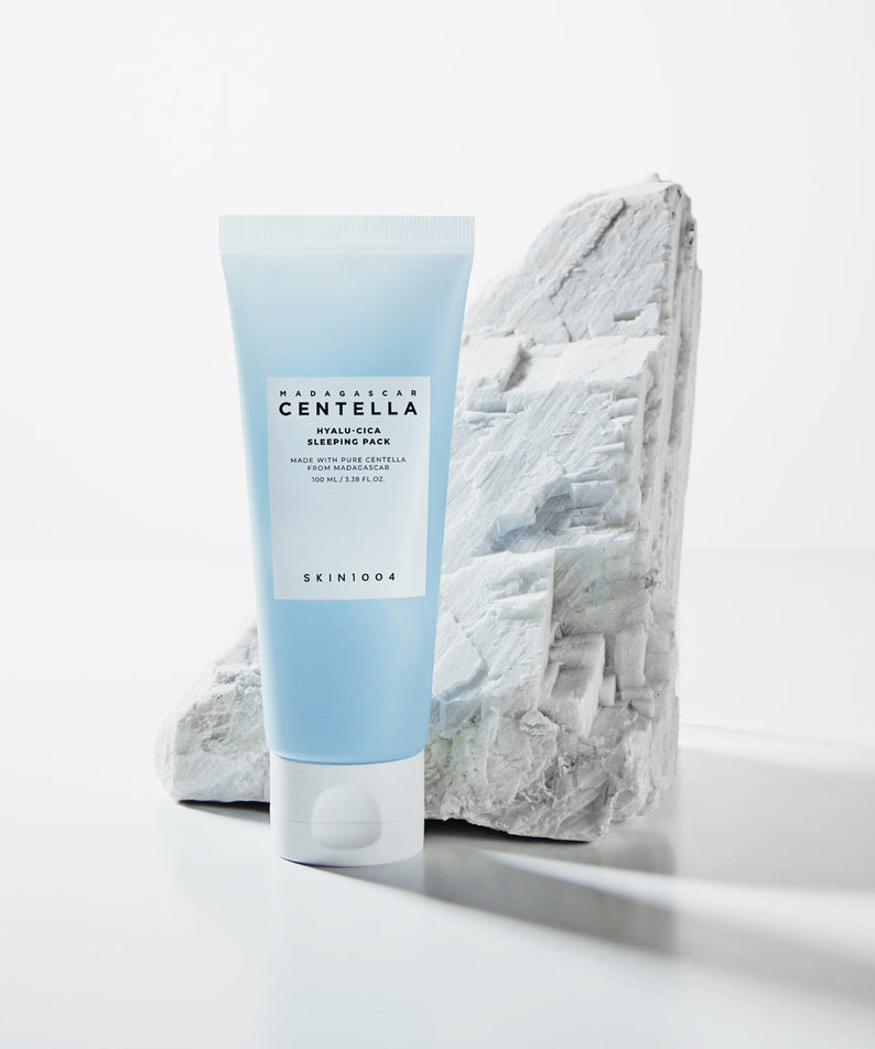 SKIN1004 Madagascar Centella Hyalu-Cica Acid Sleeping Pack 100ml tube with rock background