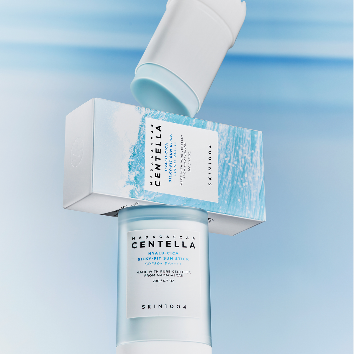SKIN1004 Madagascar Centella Hyalu-Cica Silky Fit Sun Stick 20g displayed with packaging