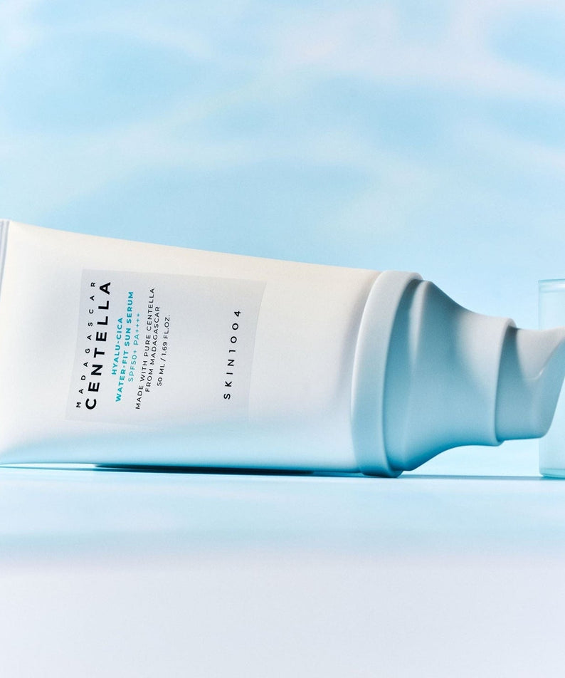 SKIN1004 Madagascar Centella Hyaluronic Acid Water-Fit Sun Serum 50ml product image on blue background