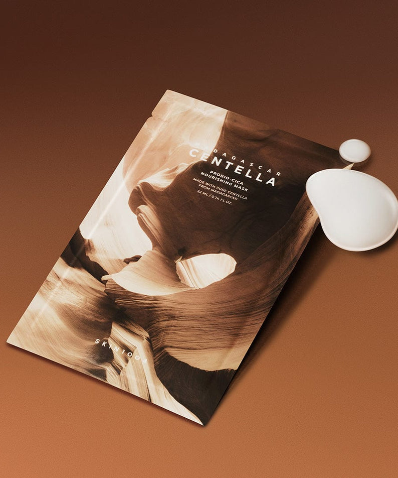 SKIN1004 Madagascar Centella Probio-cica Nourishing Mask 22ml [5 sheets] on gradient background with cream application