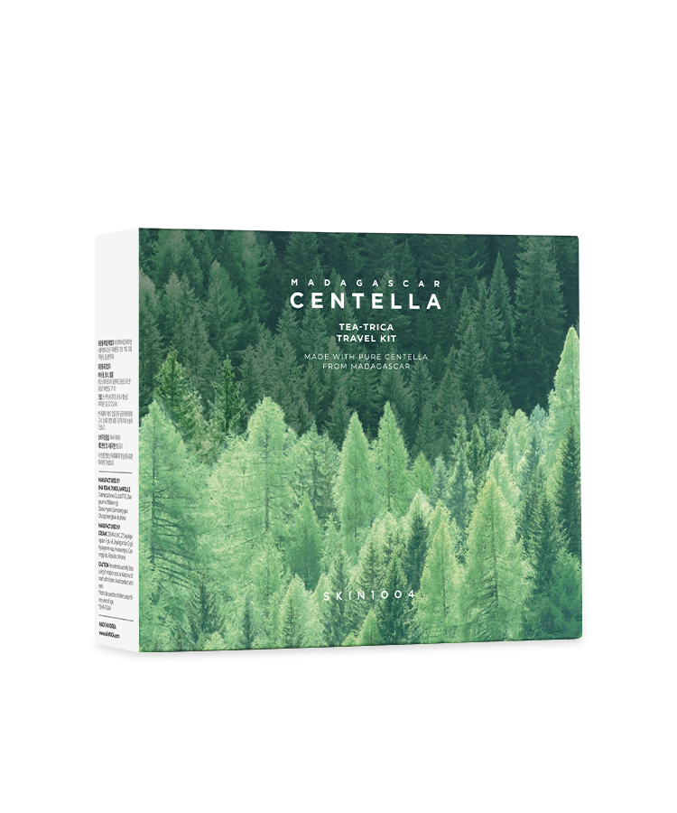 SKIN1004 Madagascar Centella Teatrica Travel Kit packaging with green forest design background