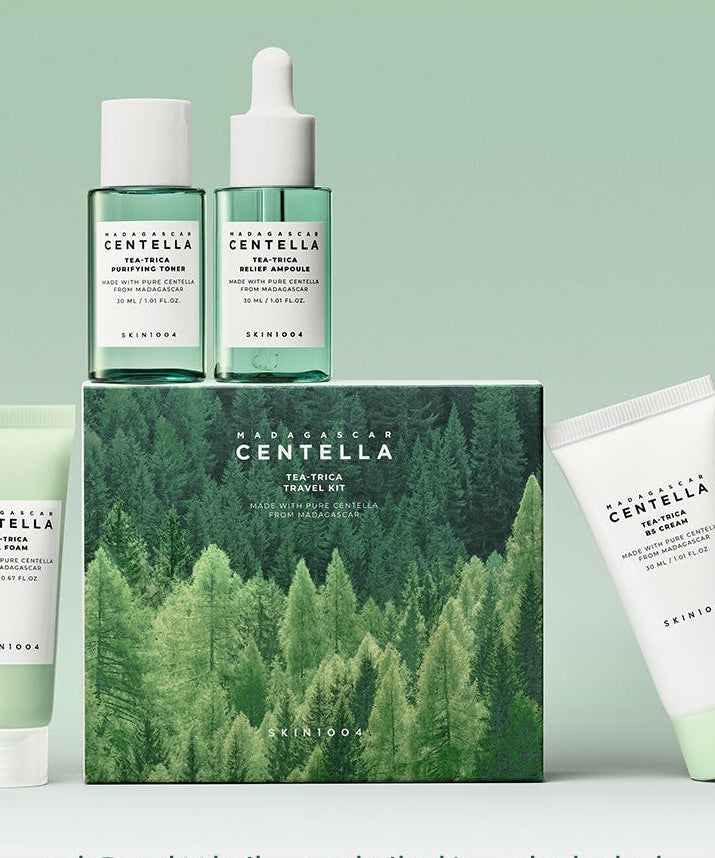 SKIN1004 Madagascar Centella Teatrica Travel Kit displayed with green packaging and skincare products