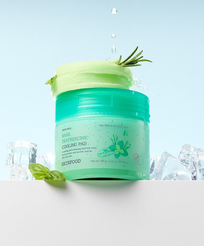 SKINFOOD Basil Tea Tree Cynic Cooling Pads 70 sheets on a block with ice and basil leaves.