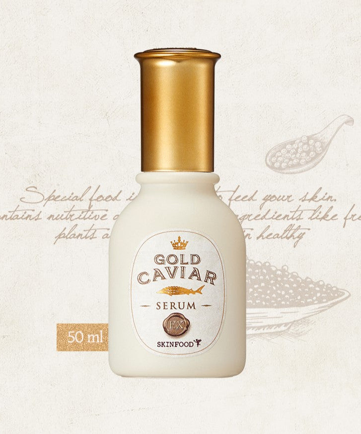 SKINFOOD Gold Caviar EX Serum 50ml bottle featuring luxurious skincare formula with caviar extract, designed for radiant, youthful skin.