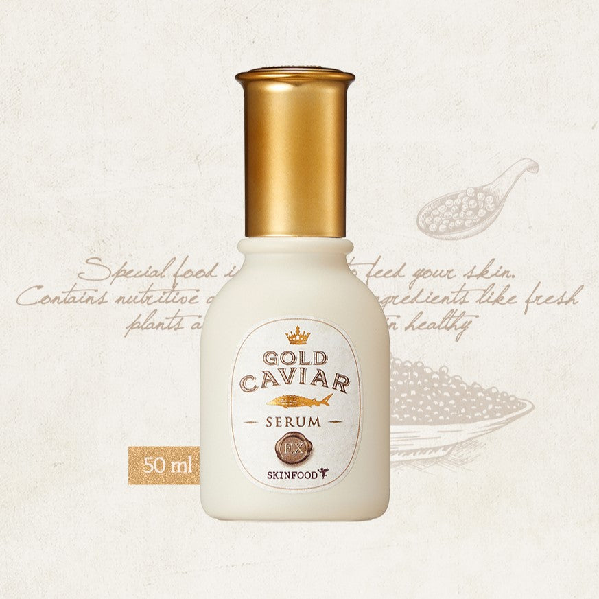 SKINFOOD Gold Caviar EX Serum 50ml bottle featuring luxurious skincare formula with caviar extract, designed for radiant, youthful skin.