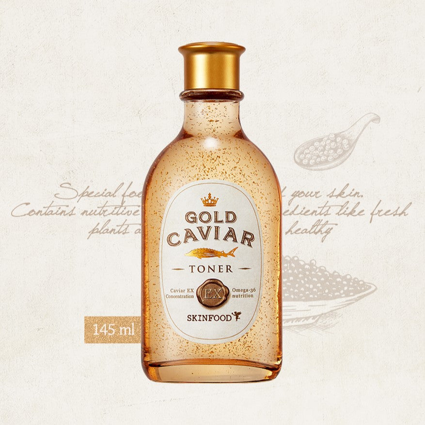 SKINFOOD Gold Caviar EX Toner 145ml bottle with packaging details