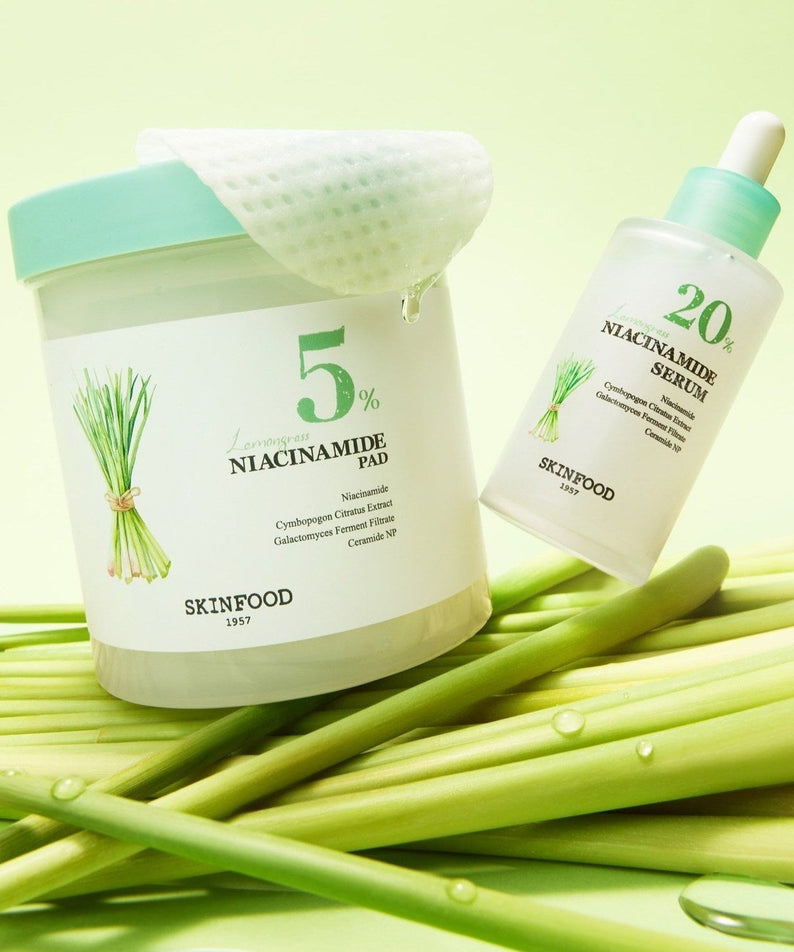 SKINFOOD Lemongrass Niacinamide 20 Serum 50ml with niacinamide pads, lemongrass extract, skincare duo, skincare essentials on lemongrass background