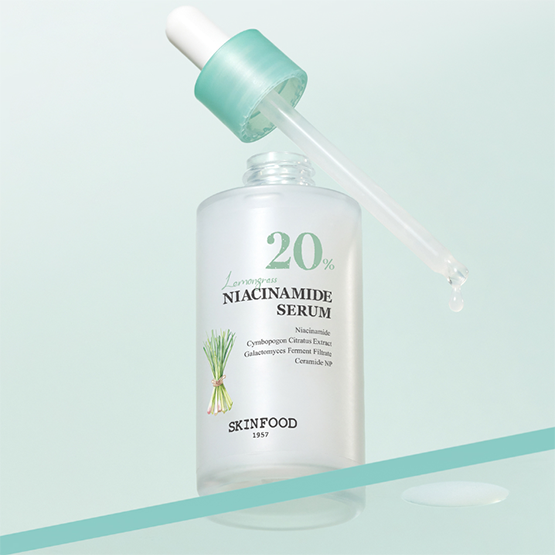 SKINFOOD Lemongrass Niacinamide 20 Serum 50ml with dropper cap and fresh lemongrass illustration.