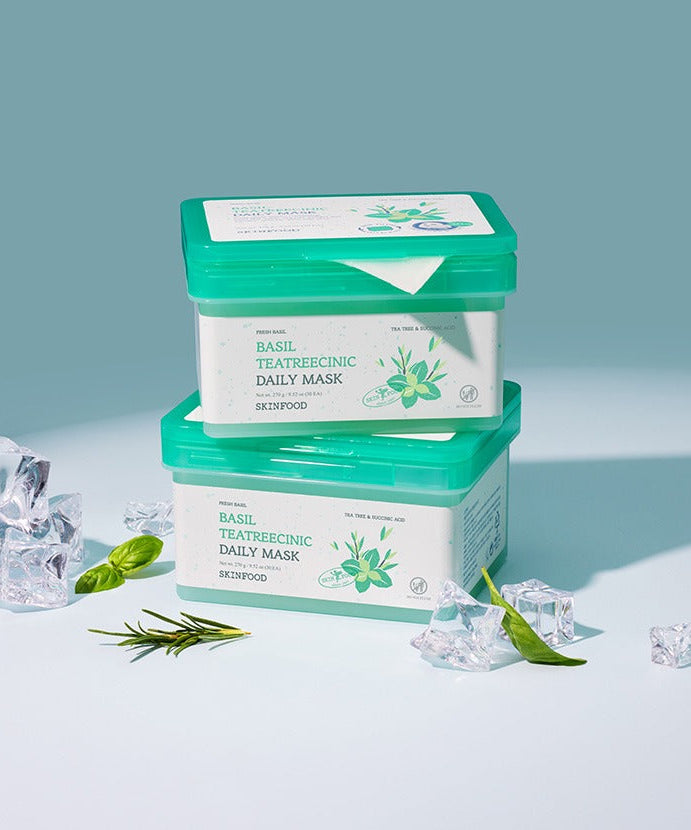SKINFOOD [NEW] Basil Tea Tree Cynic Daily Mask 30 Sheets in packaging with refreshing leaf and ice elements