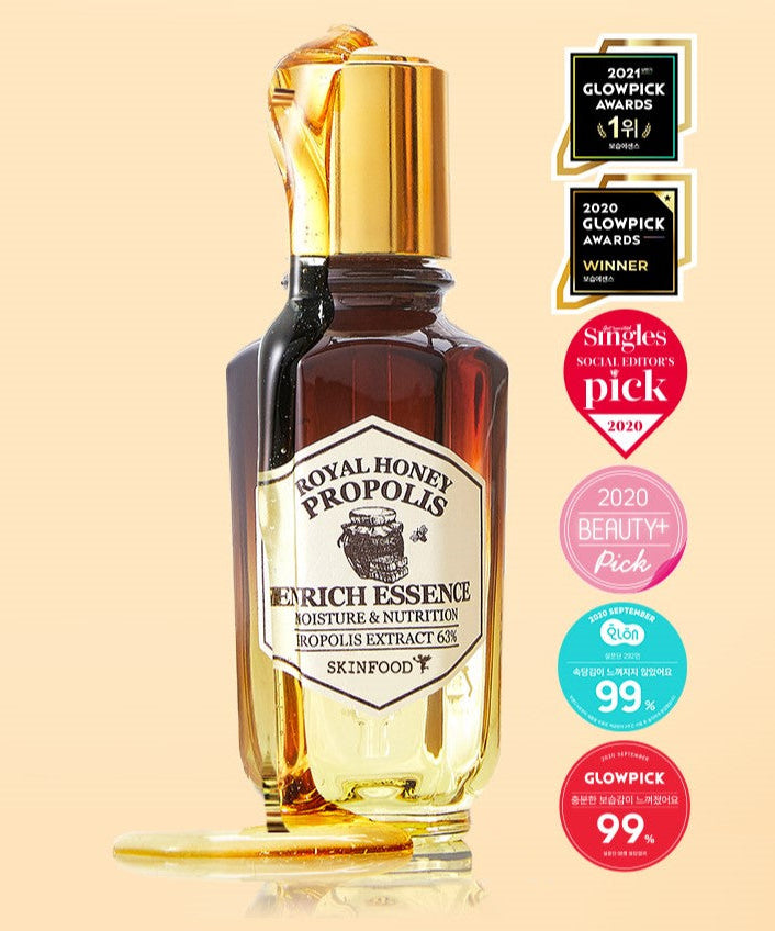 SKINFOOD Royal Honey Propolis Enrich Essence 50ml with award badges, showcasing premium skincare benefits of propolis extract.