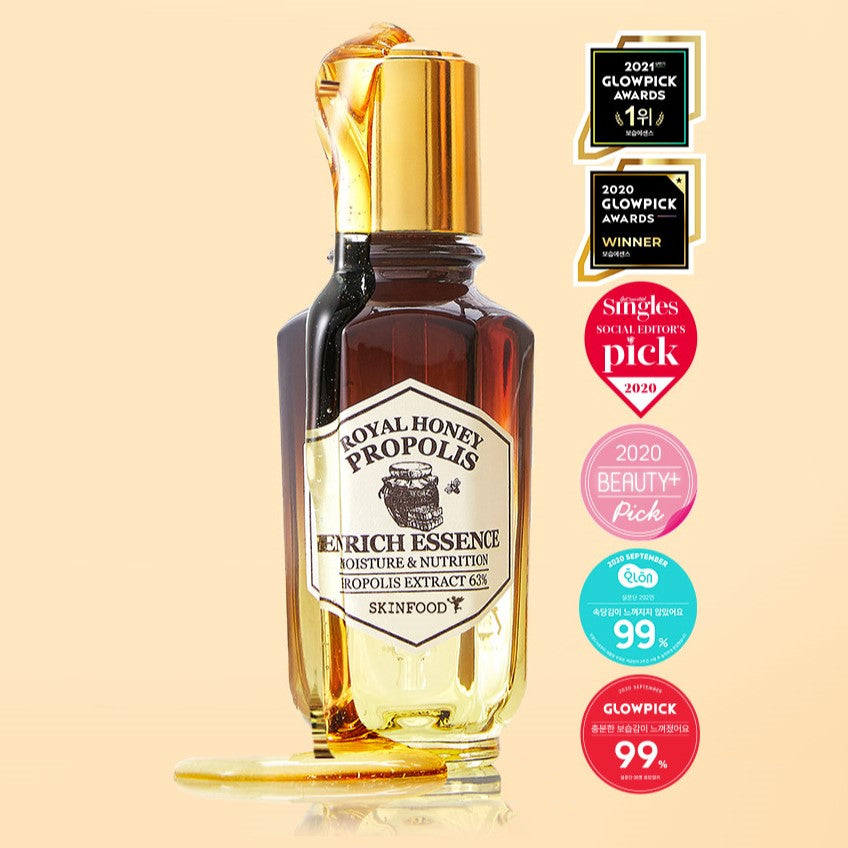 SKINFOOD Royal Honey Propolis Enrich Essence 50ml with award badges, showcasing premium skincare benefits of propolis extract.
