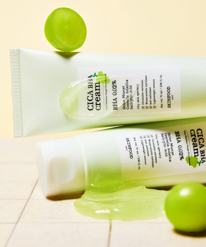 SKINFOOD Shine Muscat Cica Baja Cream 70ml - moisturizing and soothing skincare product with green packaging and grape accents.