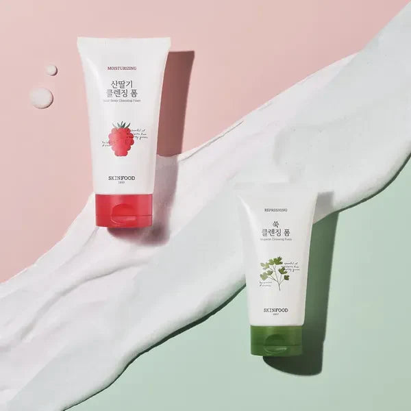 SKINFOOD Veggie Garden Mugwort Cleansing Foam 150ml and strawberry cleansing foam on pastel background
