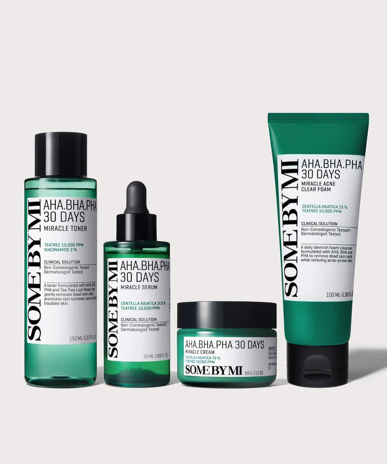 SOME BY MI Miracle All Care Set (Foam+Toner+Serum+Cream+Mask) featuring skincare products for daily use.