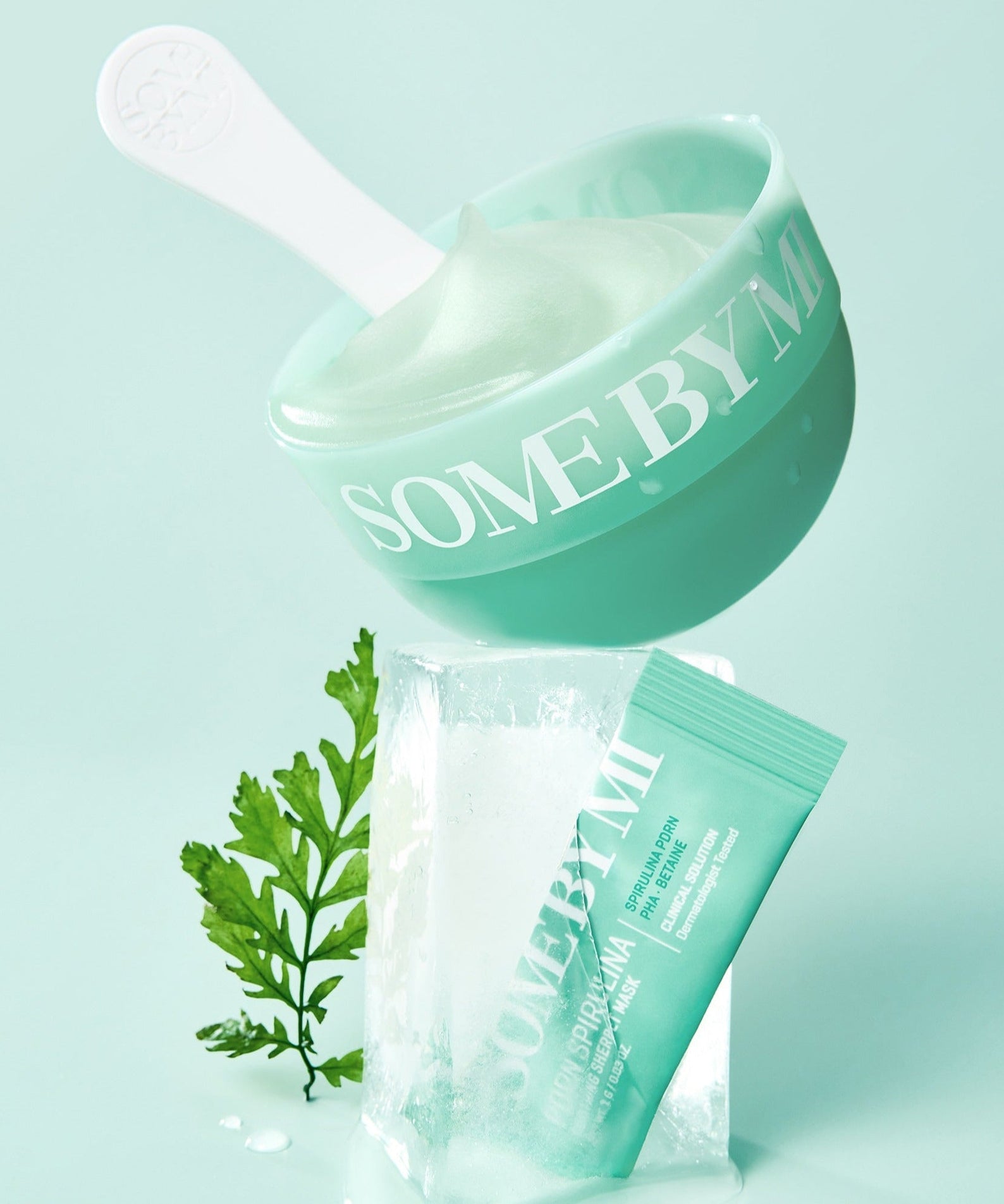 SOME BY MI PDRN Spirulina Soothing Sherbet Mask 1g x 10ea displayed with soothing elements